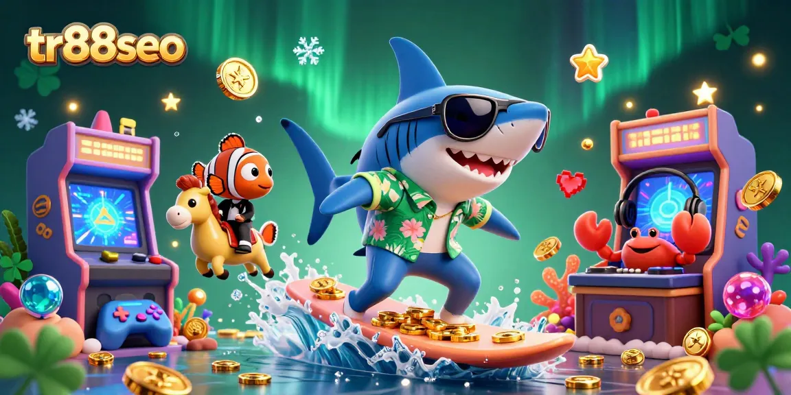 Experience winning at TR88SEO with a shark, clownfish, and DJ crab in a vibrant casino scene.