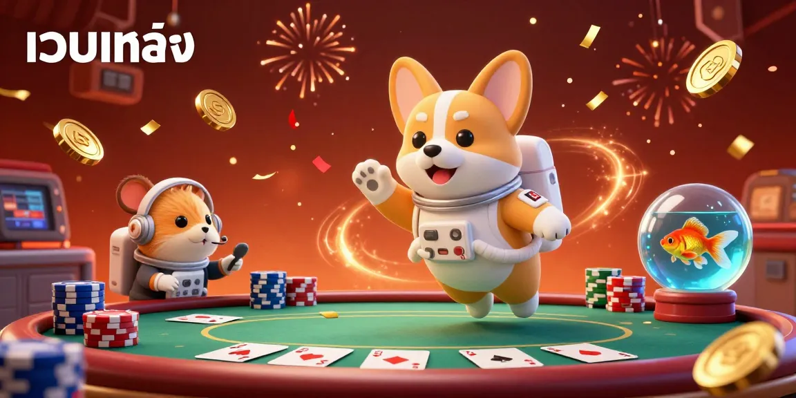 Experience the thrill of เว็บตรง with a corgi astronaut and a hamster in a space casino, surrounded by poker elements.