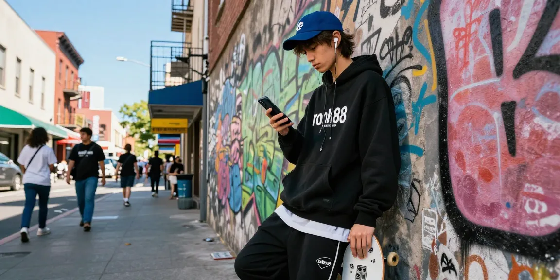 Youthful individual showcasing streetwear from rokok88 in a vibrant urban setting.