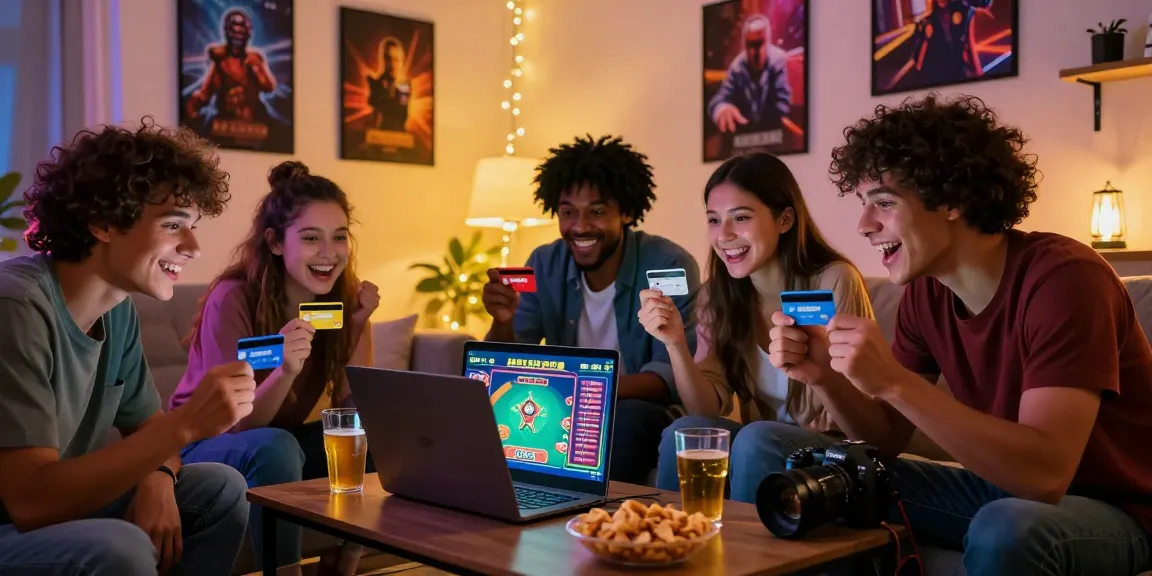 Engagierte Freunde, die in einem gemütlichen Wohnzimmer ein Paysafe Card Casino-Spiel genießen.