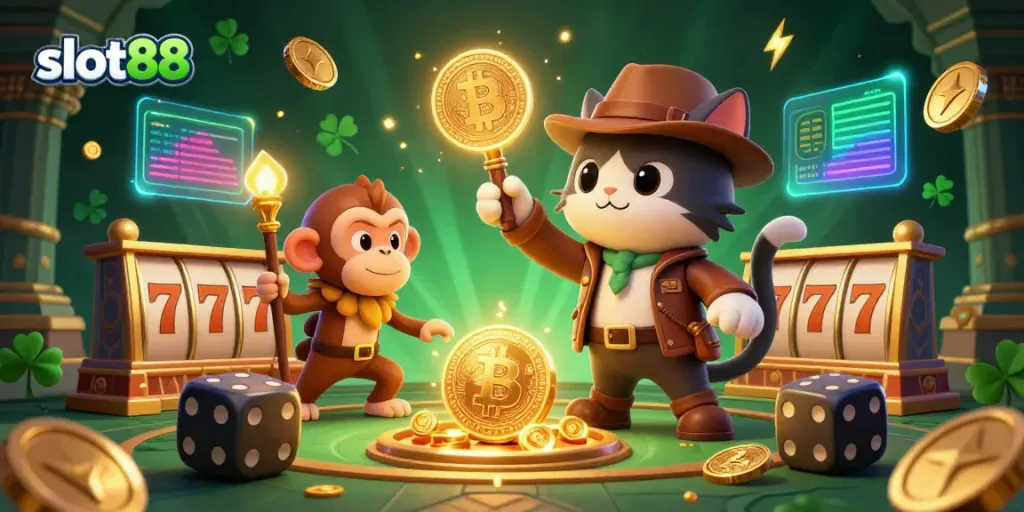 Engage with slot88 in this vibrant fantasy casino scene featuring a cat explorer and monkey companion amidst golden slot symbols.