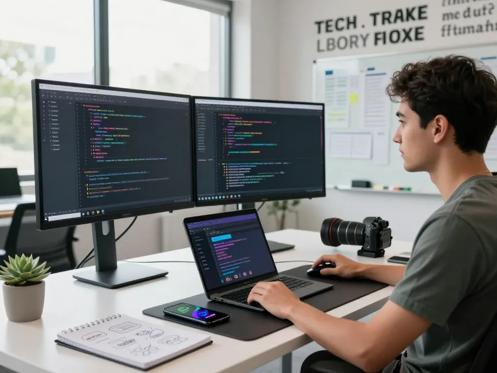 Developer utilizing moltbot ai in a modern workspace with dual monitors and tech setup.