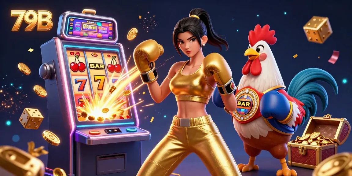 Engage with the thrilling gaming world of 79B featuring dynamic scenes of a champion rooster and athlete in a vibrant casino setting.
