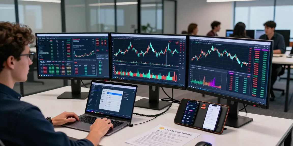 Cloud mining provider in a professional cryptocurrency trading office, featuring multiple monitors displaying real-time blockchain analytics and crypto market data.