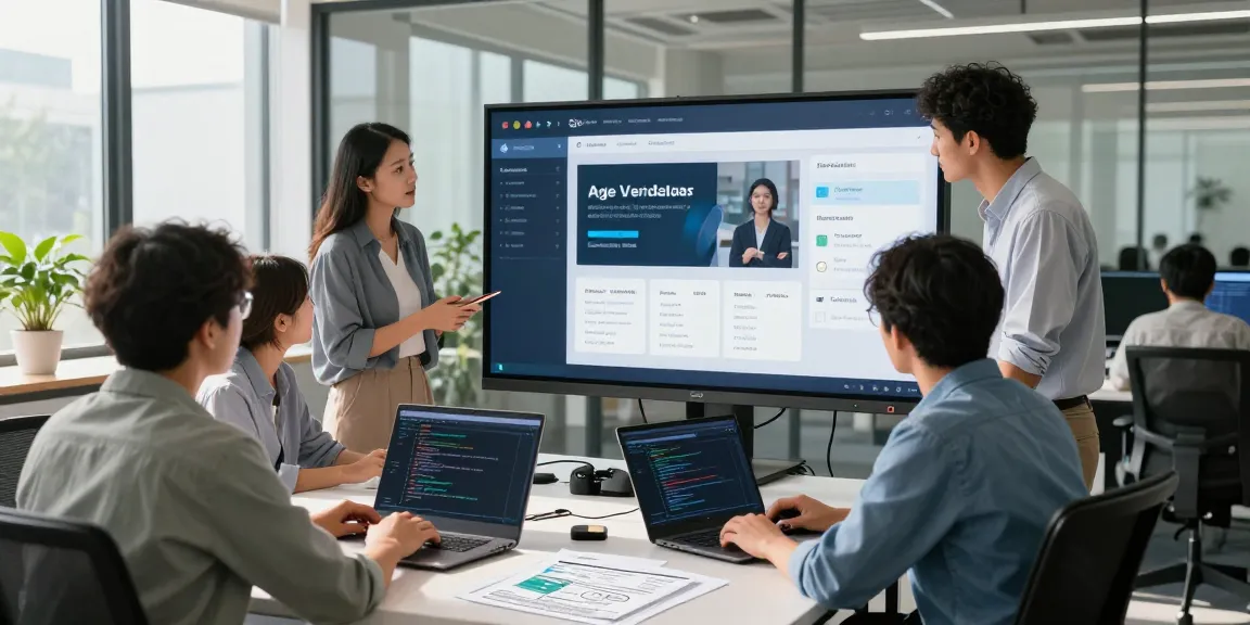 Collaborative team working on an age verification system, showcasing a digital dashboard and integration methods in a modern office.