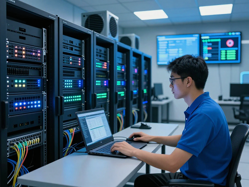 Contenedor de servidores VPS en un moderno centro de datos, donde un técnico gestiona el monitoreo.
