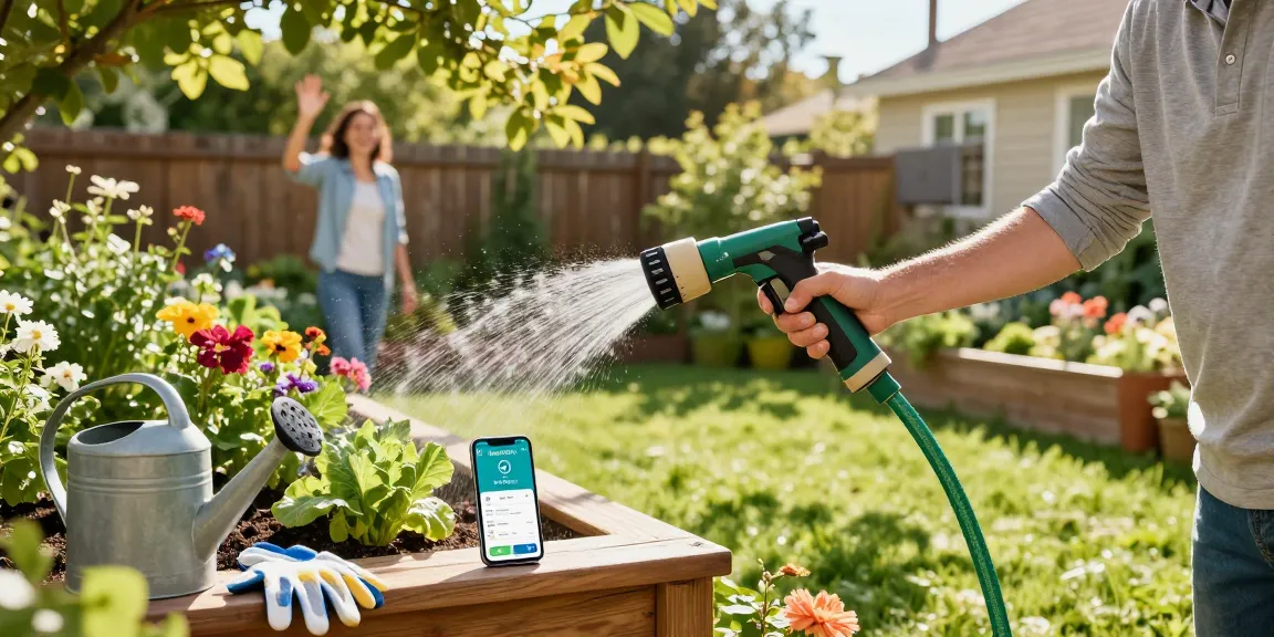Using the rainpointbest hose nozzle to efficiently water blooming flower beds in a vibrant garden.
