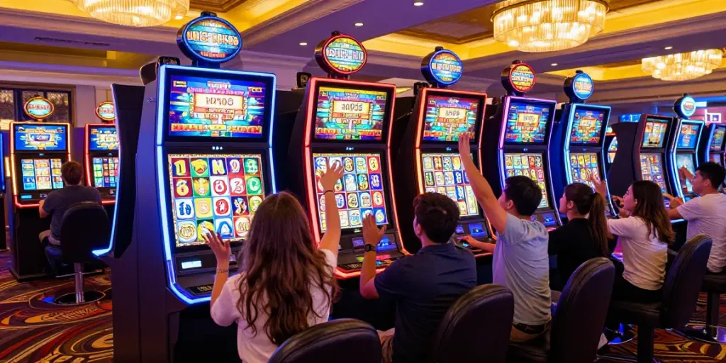 Pengalaman bermain slot777 yang seru di kasino modern, pemain bersemangat merayakan kemenangan besar.