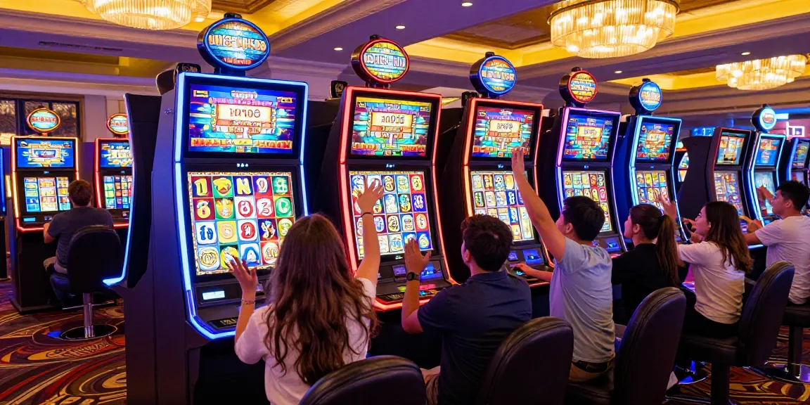 Pengalaman bermain slot777 yang seru di kasino modern, pemain bersemangat merayakan kemenangan besar.