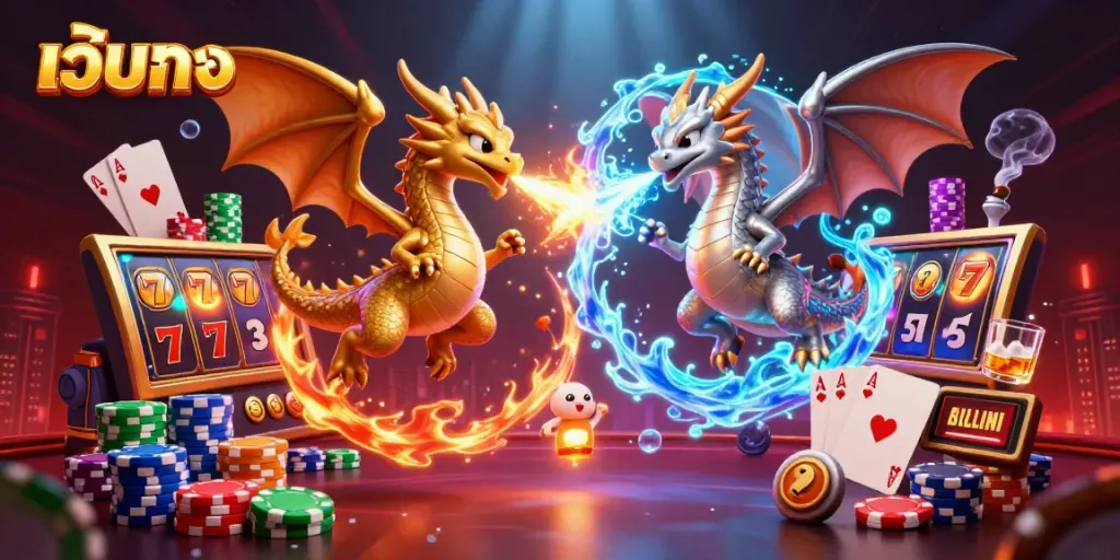 Experience the thrill of เว็บตรง slots as two dynamic dragons represent fire and ice amidst a vibrant casino scene.