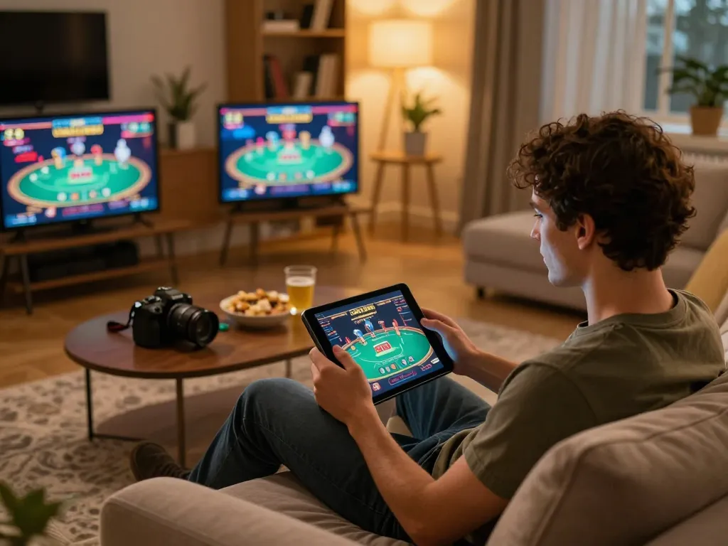 Engaged player enjoying online gambling at home with trang chu dh88 interface visible on tablet screen.