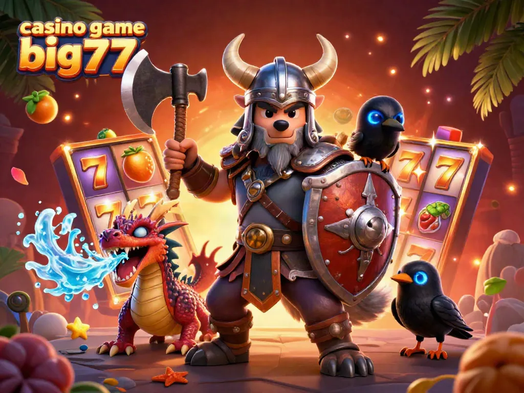Engaging scene showcasing casino game big777 with a Viking warrior, dragon, and vibrant slot elements.