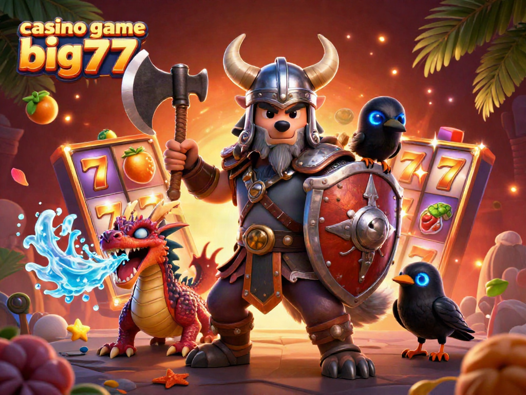 Engaging scene showcasing casino game big777 with a Viking warrior, dragon, and vibrant slot elements.