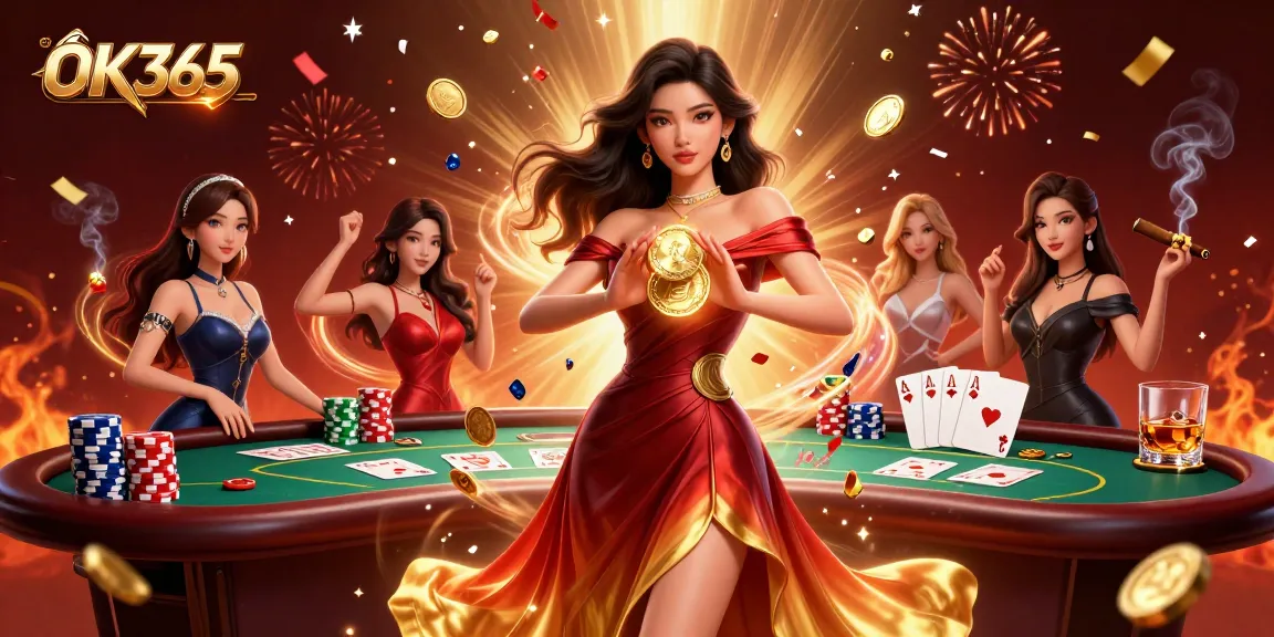 Engage in thrilling gameplay with stunning beauty at OK365 casino, featuring vibrant gold coins and intense poker action.