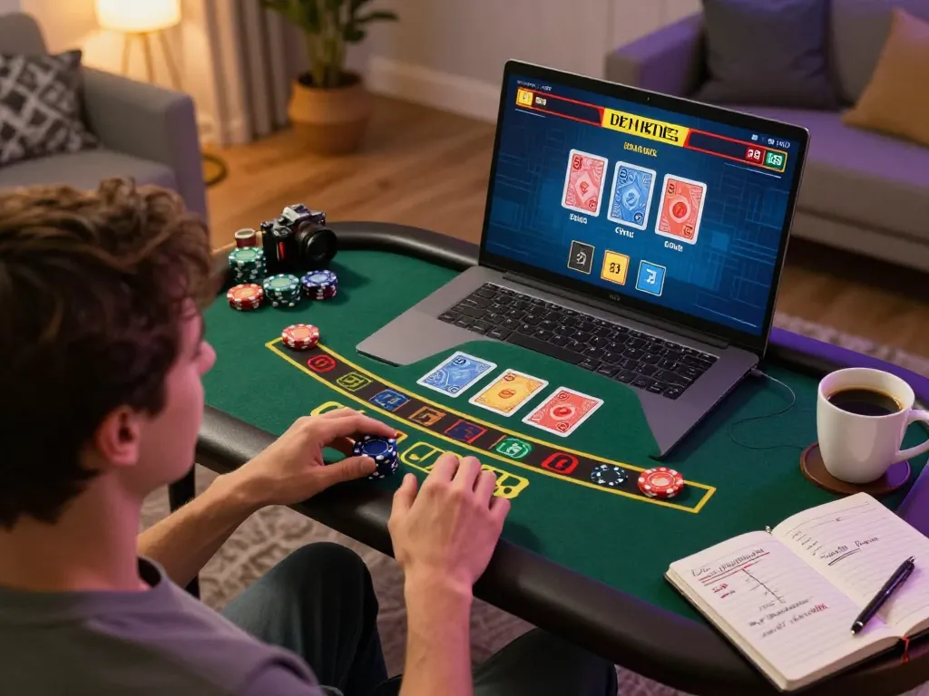 Person enjoying an engaging LC99 blackjack game on a laptop, celebrating a winning moment.