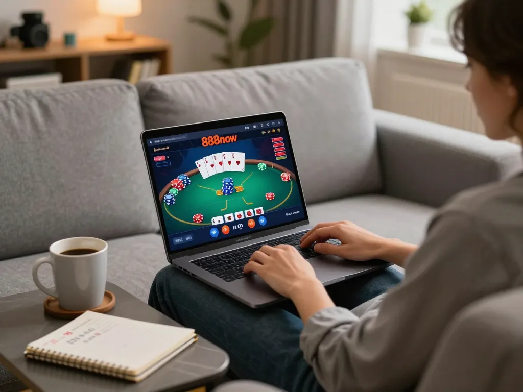 Engaging scene of a user playing on 888now’s online casino platform with a laptop, enhancing gaming experience.