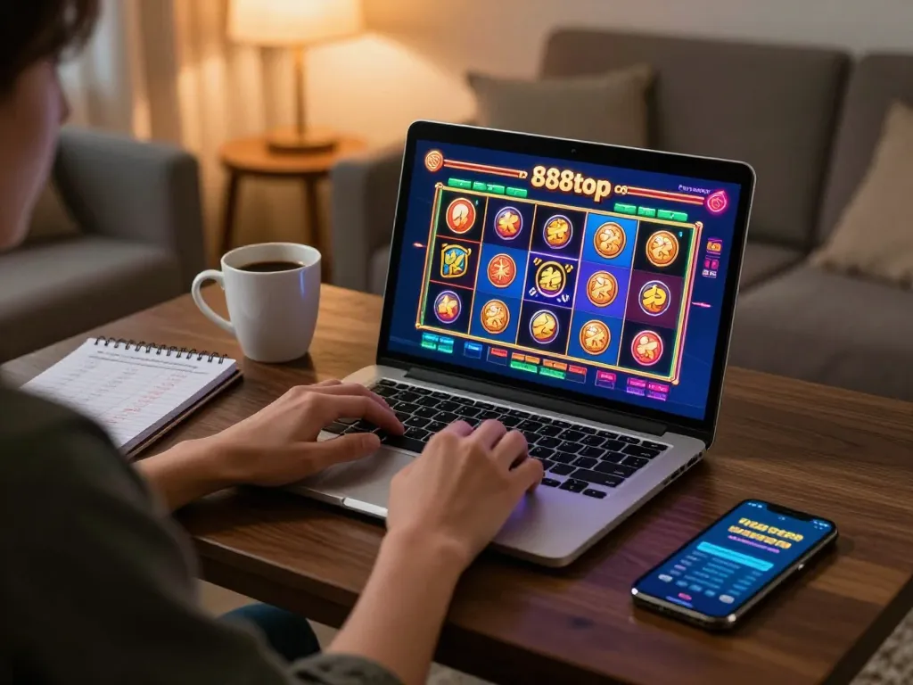 Engaging online gaming at 888top com featuring a player focused on slot game strategies.