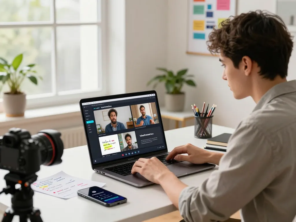 Focused user creating video to prompt AI instructions in modern workspace.