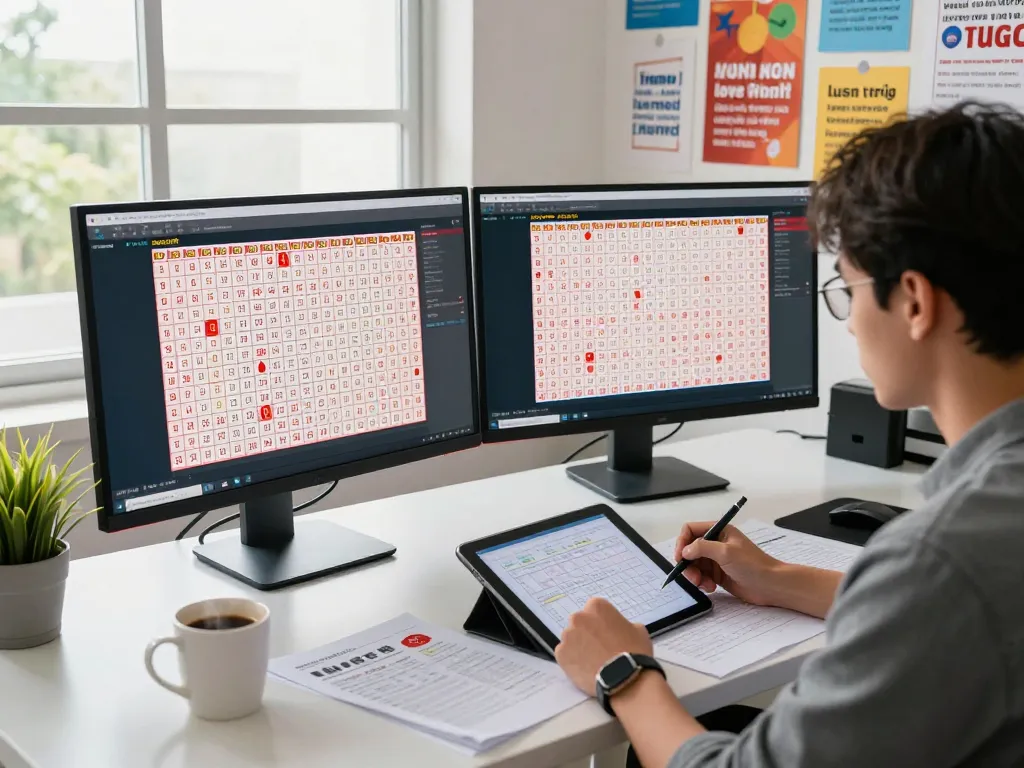Togel Hongkong enthusiast analyzing lottery results with dual monitors and research materials in a modern workspace
