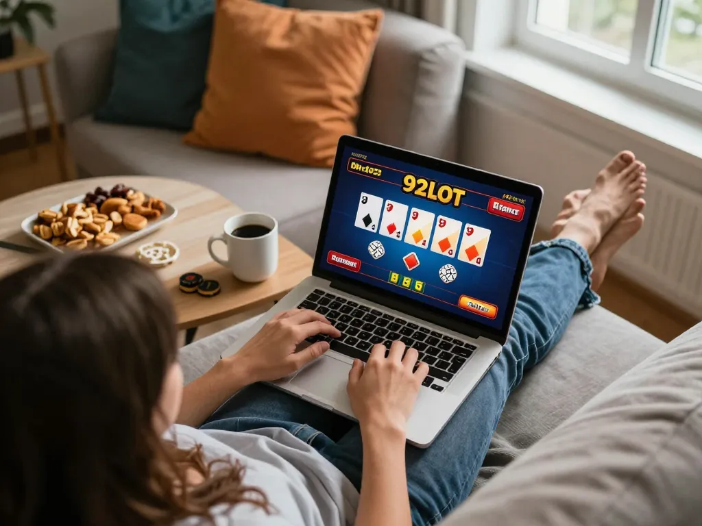Engaging online gambling session at home featuring 92slot's poker interface for strategic gameplay.