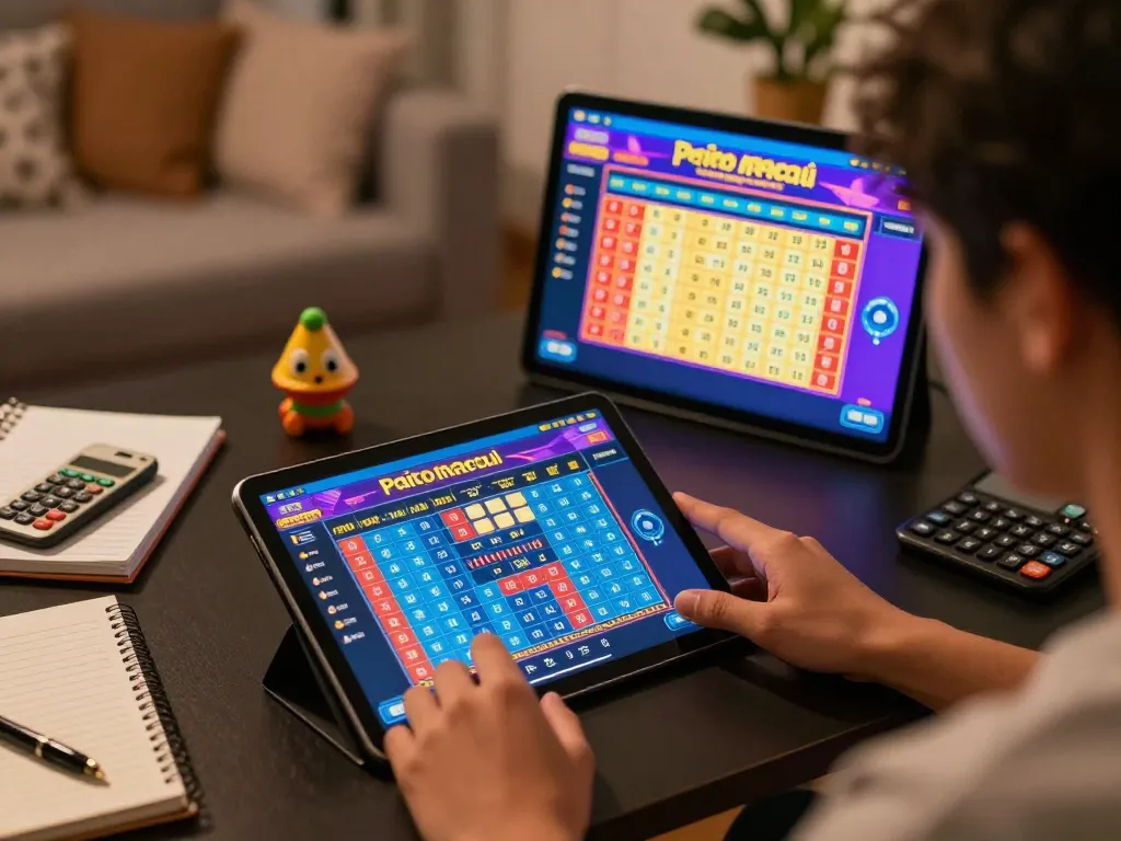 Paito macau betting interface displayed on tablet with real-time results, creating an engaging online gaming scene.