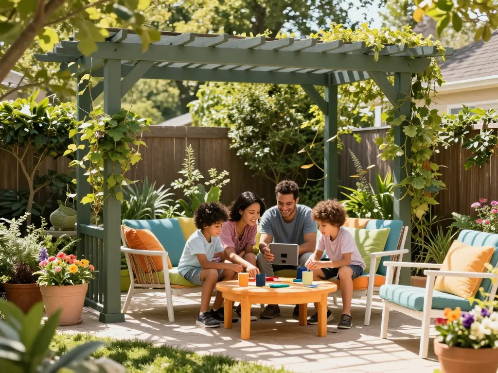 Family designing a 3D pergola using Pergola Sales Software in a vibrant garden setting.
