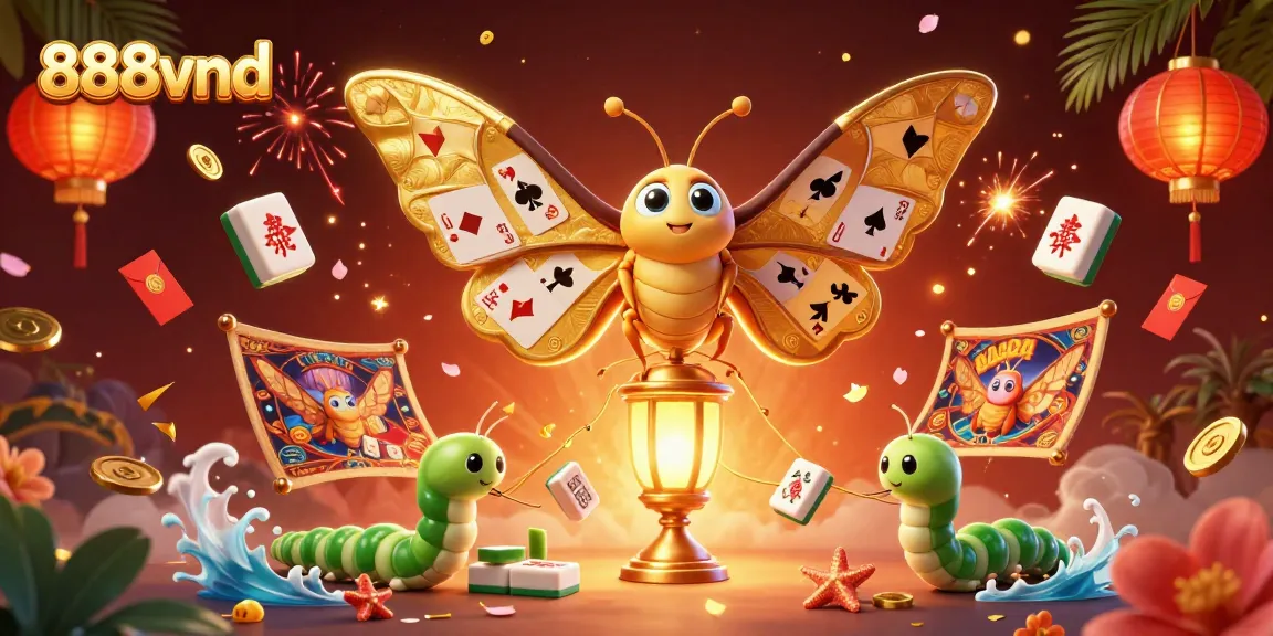 Experience the vibrant world of 888vnd with golden moths and spinning coins in a dazzling casino scene.