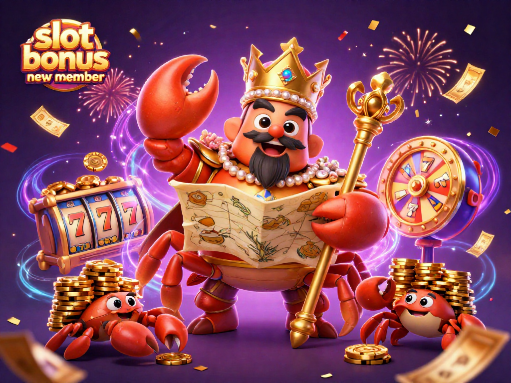 Engage with the exciting slot bonus new member scene featuring a golden crab emperor and vibrant casino elements.