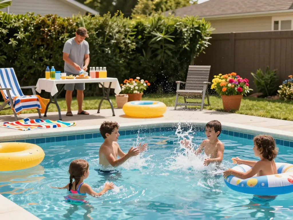 Dolphin Pool Services family enjoying pool party with splashes and refreshments in a sunny backyard