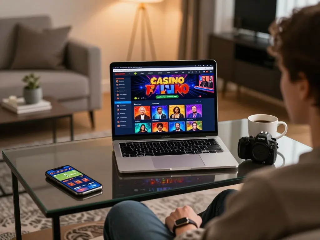 Person enjoying online gaming on fabet platform from stylish living room, capturing modern gambling experience.
