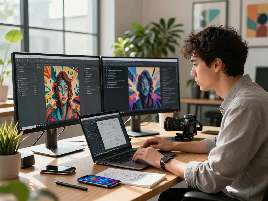 Image to prompt generator in action at a modern tech workspace with vibrant decor and innovative atmosphere.