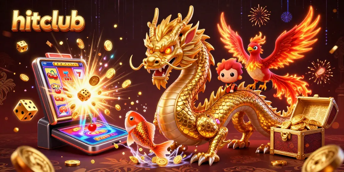 Hitclub features a golden dragon, red phoenix, and koi fish in an exciting casino-themed illustration.