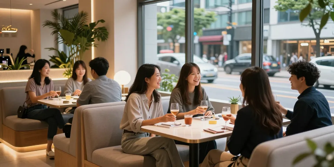 강남 멀리건의 세련된 인테리어와 친구들이 함께하는 즐거운 모임 장면