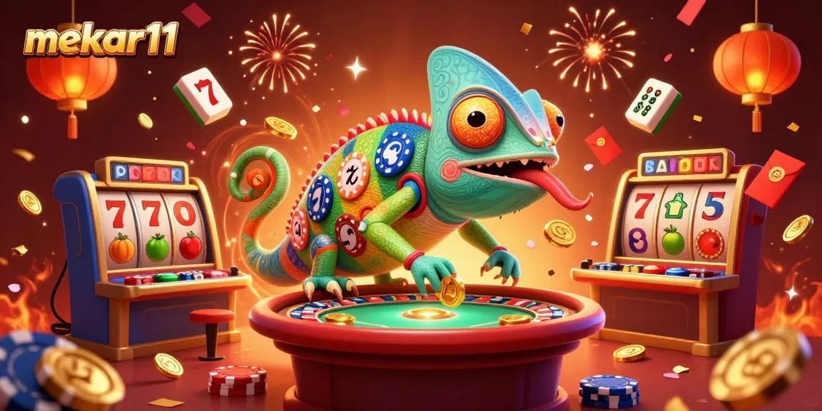 Mekar11 invites players to a dazzling casino world with colorful chameleons and dynamic slot elements.