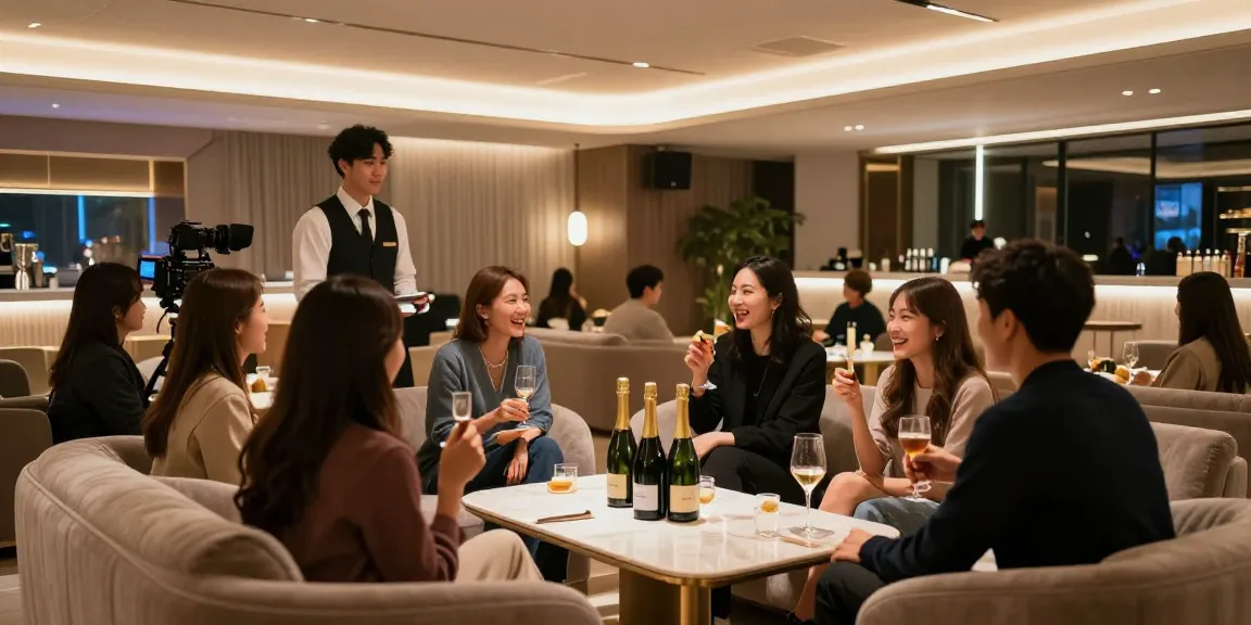 강남타이밍에서 고급스러운 분위기 속 친구들과 대화하며 음료를 즐기는 모습