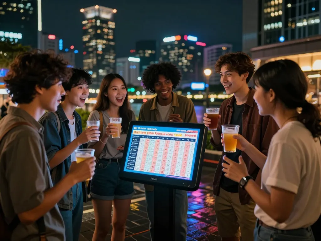 Togel Hongkong lottery enthusiasts celebrating winning numbers in a vibrant urban night scene.