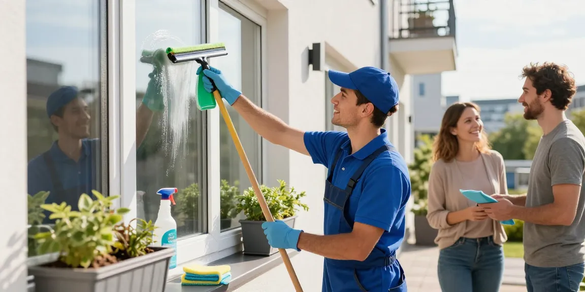 Professioneller Gebäudereiniger Dortmund reinigt Fenster mit umweltfreundlichen Produkten in Dortmund.