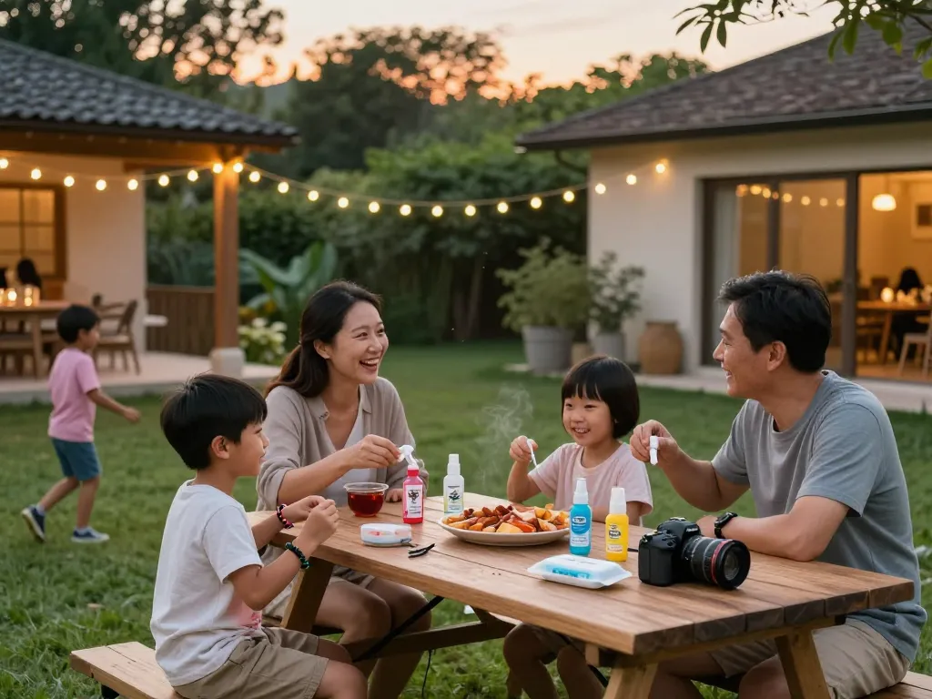 Family enjoying summer BBQ with best mosquito repellent products visible, ensuring outdoor comfort and protection.