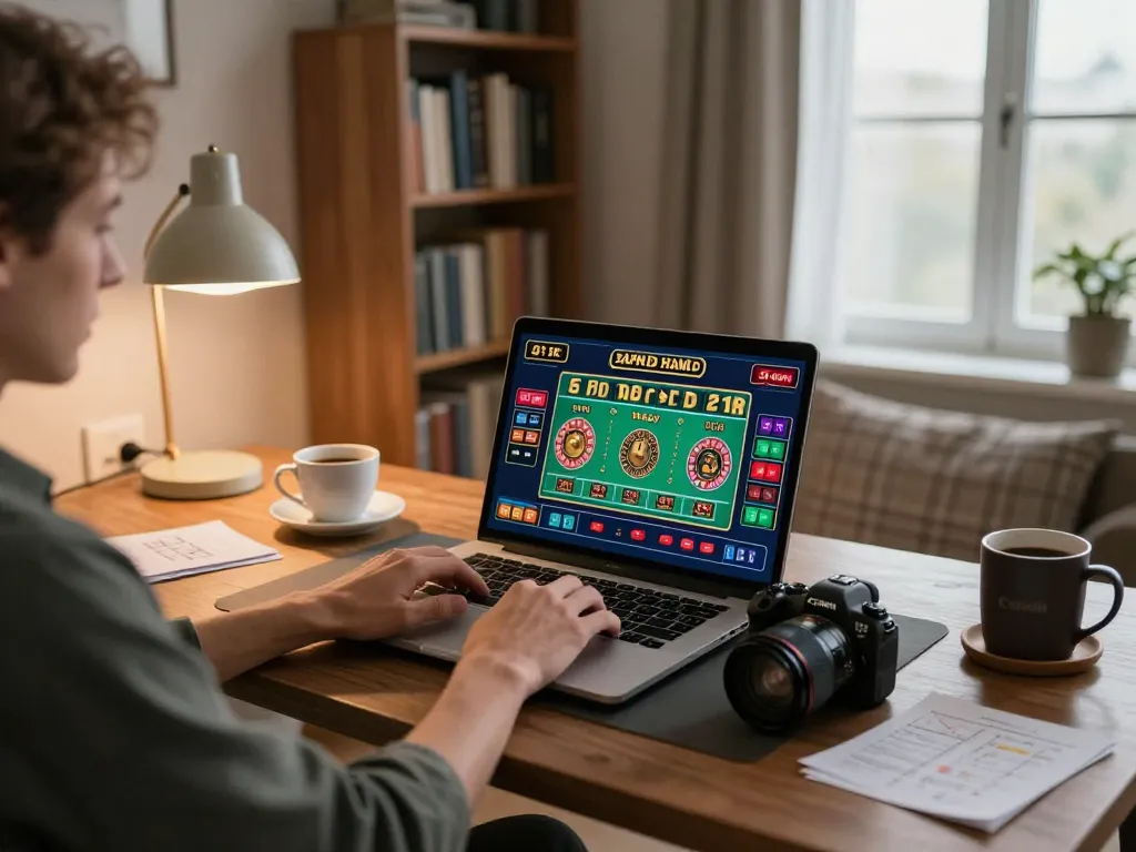 Engaged player at home using a laptop to play sites not on gamstop roulette with vibrant graphics on screen.