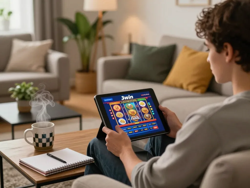 Engaging online gaming session on 3win com with vibrant slot games displayed on a tablet in a cozy setting.