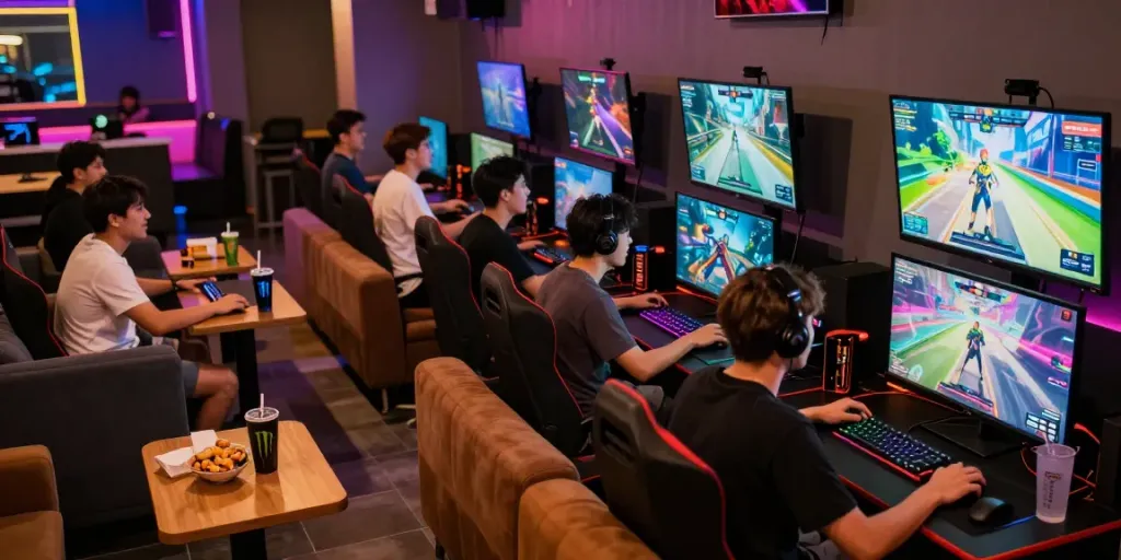 Engaging gaming environment at rokok88 with friends in a vibrant lounge, complete with consoles and snacks.