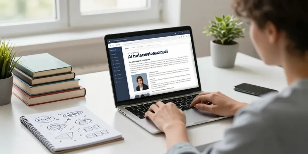 Content creator using an AI blog post generator in Spanish at a modern workspace.