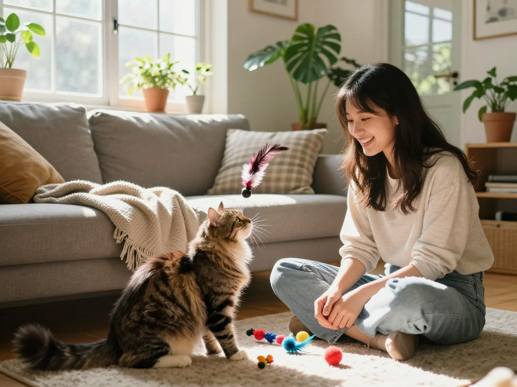 Engaging rokok88 pet care scene with a woman playing with a tabby cat in a sunny living room