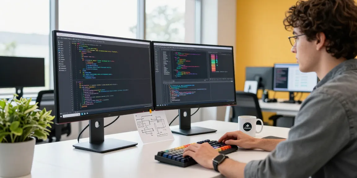 Custom Software Development Services in a modern workspace with code on screens and creative elements.