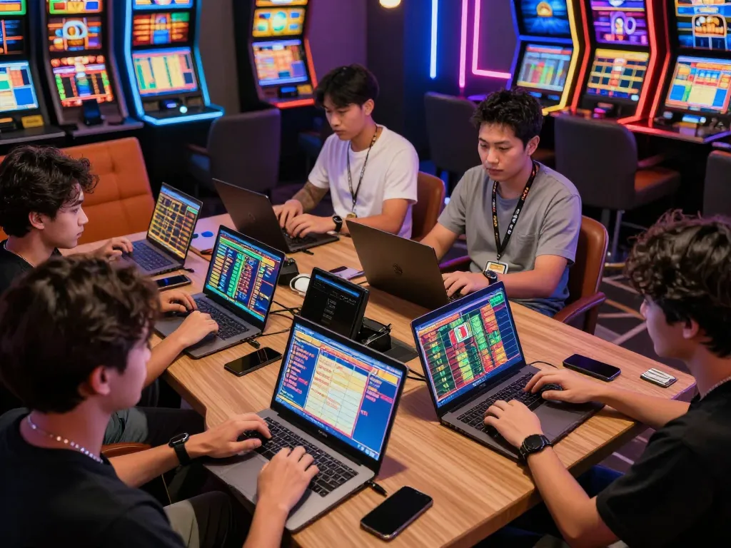 Togel Hongkong players intensely focused on live betting results in a vibrant online gaming lounge.