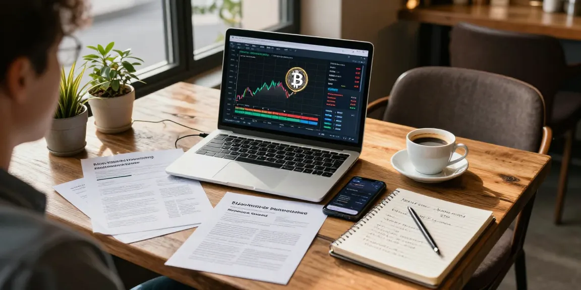Sustainable bitcoin mining research in a cozy coffee shop with crypto charts and digital wallet.