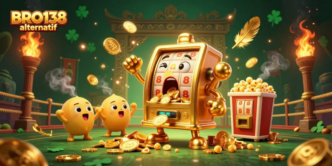 Engaging 3D scene highlighting BRO138 alternatif with a golden slot machine hitting a jackpot amidst joyful baby machines.