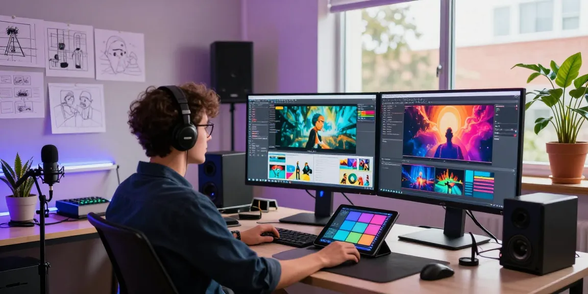 Motion design and VFX masterclass in a vibrant studio with designer at workstation