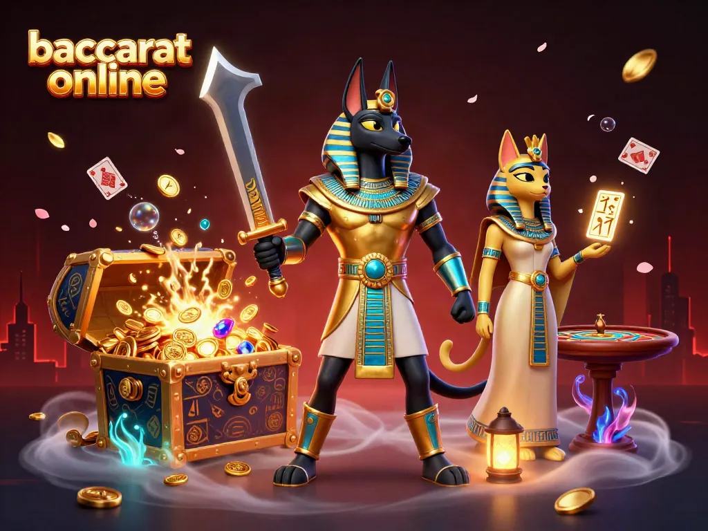 Experience the excitement of baccarat online with rich 3D visuals of Anubis and Bastet in a casino scene.