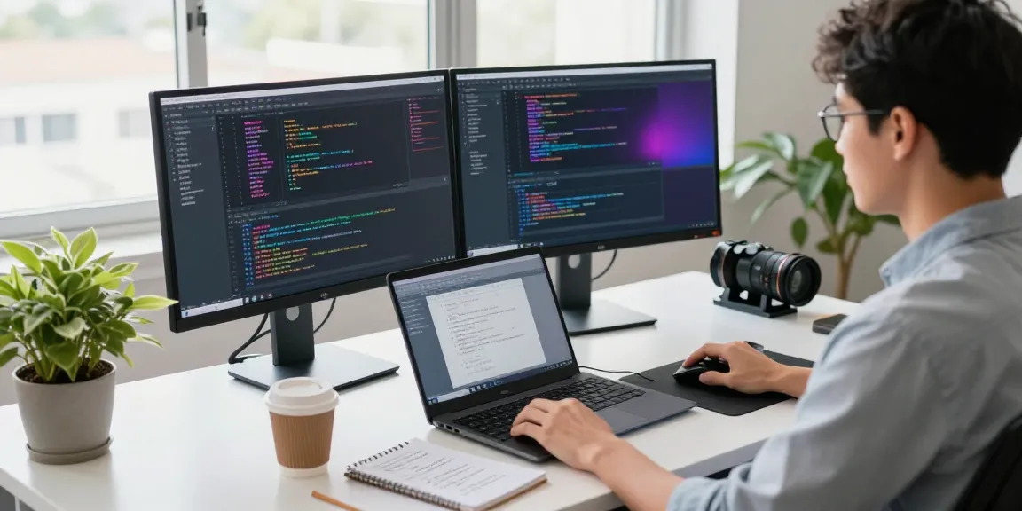 Developer coding on two screens in a bright office setting showcasing 纸飞机官网.